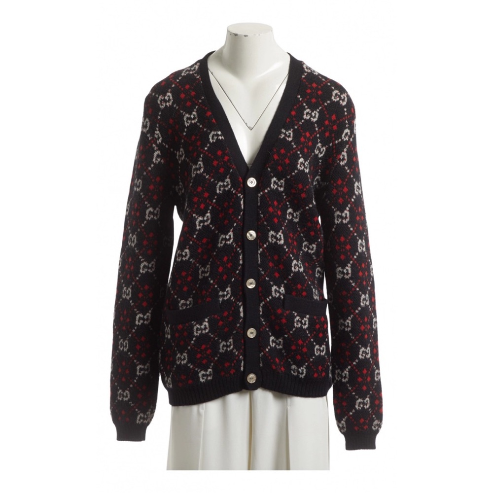 Gucci Black and Red GG Patterned Wool Cardigan